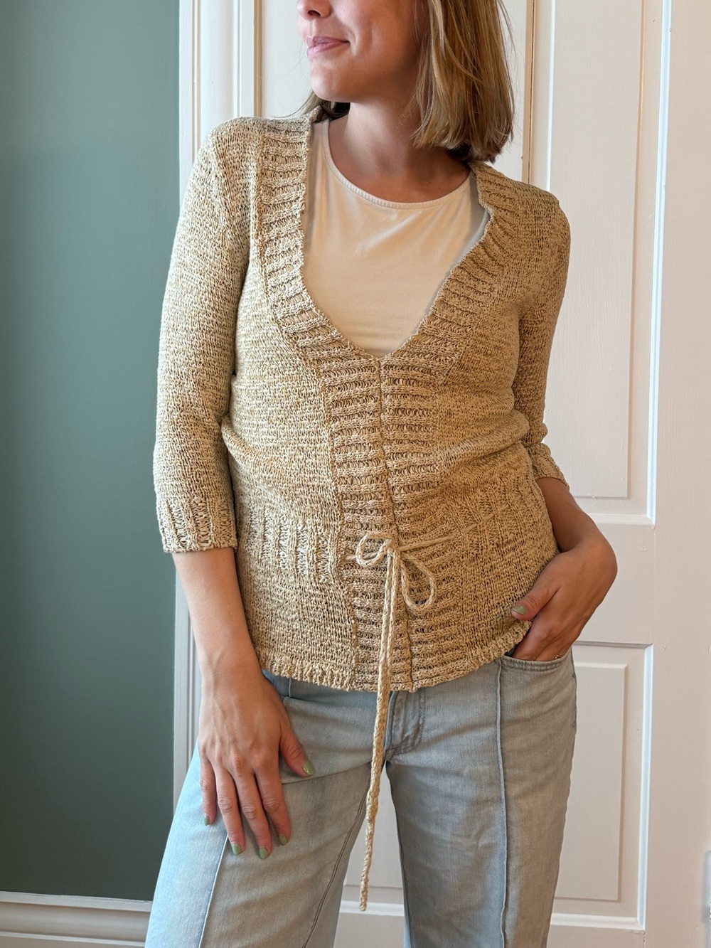 Women’s Knit Cinch-Waist Sweater Cardigan — Cream